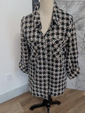 Mystree Black & Cream Tweed Button-Front Shirt Jacket